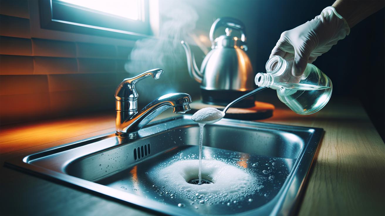 Illustration of a person pouring baking soda and white vinegar into a sink drain to clear a minor blockage in under five minutes