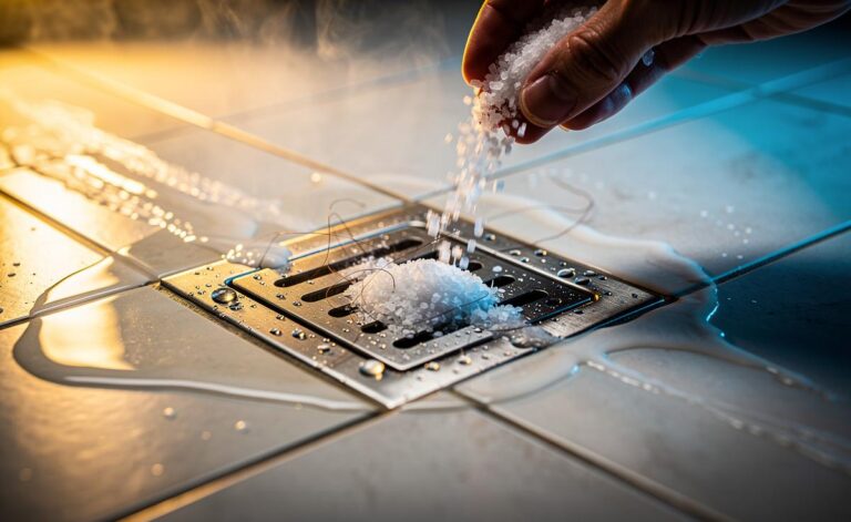Illustration of coarse salt being poured into a shower drain, with hot water, to dissolve soap scum and loosen hair clogs