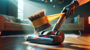 Illustration of a rubber band wrapped around a vacuum cleaner brush roll to bundle and remove hair clogs