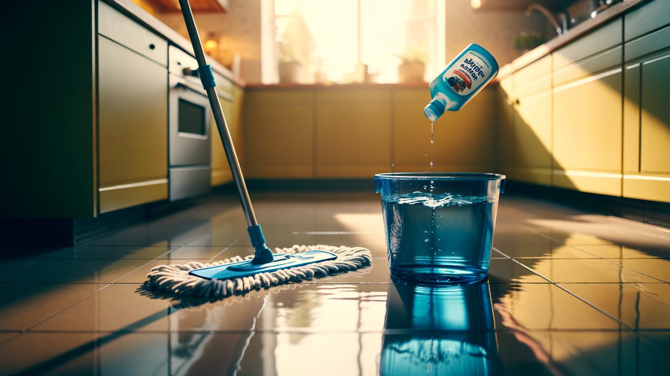 Illustration of a microfibre mop and bucket with a small amount of dishwasher rinse aid being added to the water to give sealed floors an instant, streak-free shine
