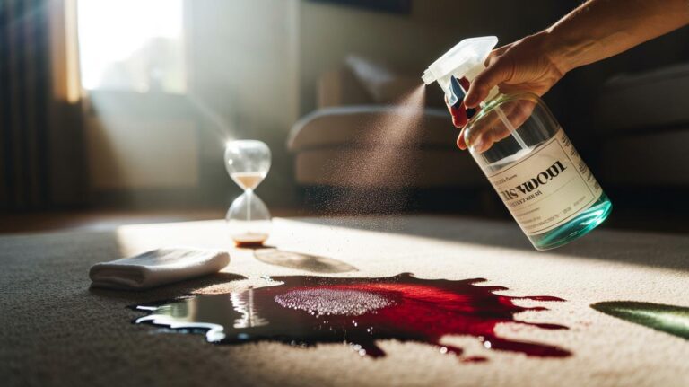 Illustration of applying a 1:1 distilled white vinegar and water solution to lift a stubborn carpet stain in two minutes