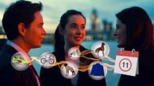 Illustration of people in conversation using memory anchoring—linking names to vivid cues—to build social connections quickly