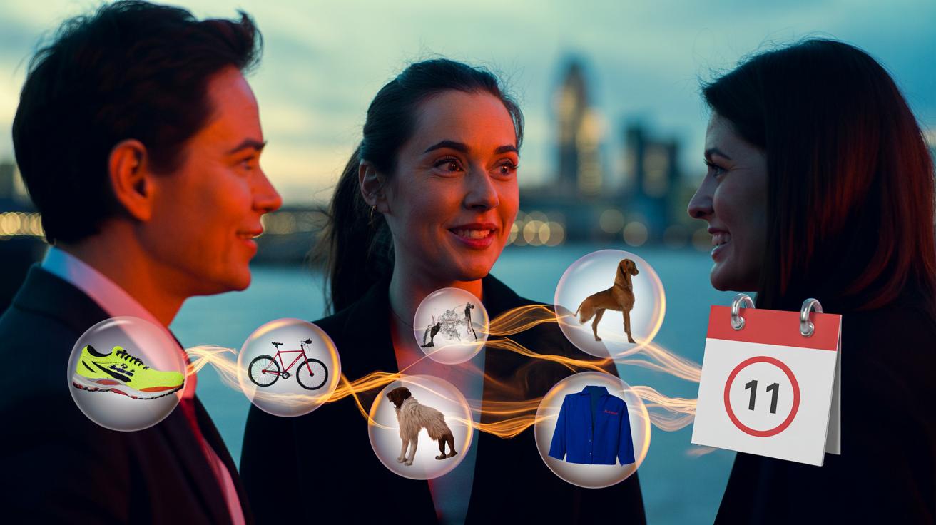 Illustration of people in conversation using memory anchoring—linking names to vivid cues—to build social connections quickly