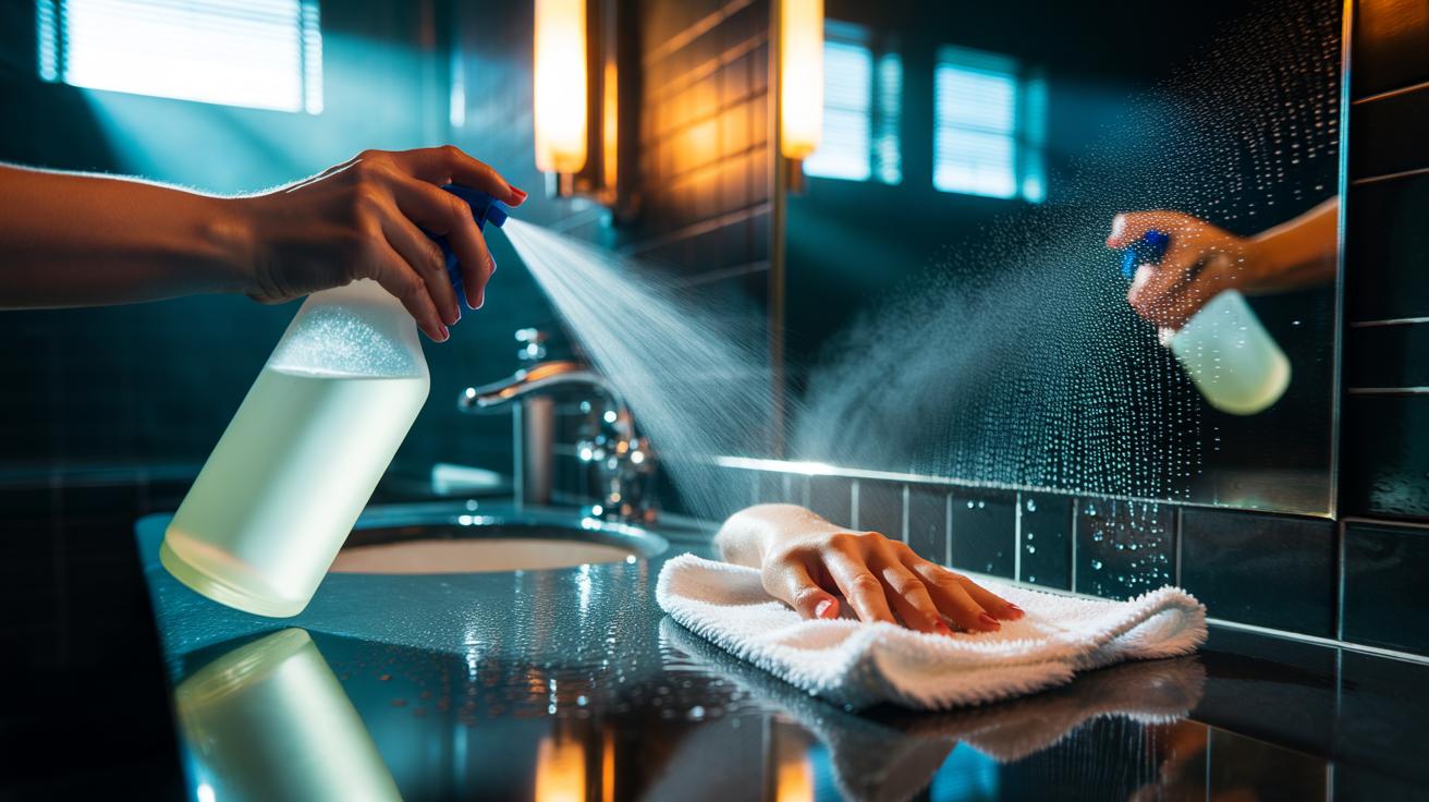 Illustration of a person using a spray bottle of white vinegar solution and a microfibre cloth to defog and degrease a bathroom mirror