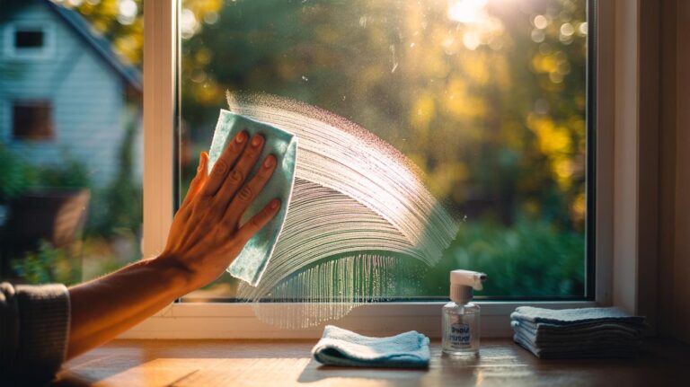 Illustration of a hand using a dryer sheet to wipe a window for a quick, streak-free clean
