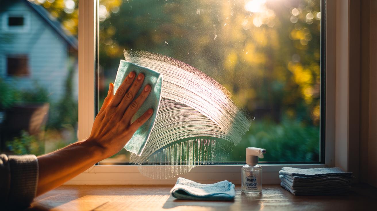 Illustration of a hand using a dryer sheet to wipe a window for a quick, streak-free clean