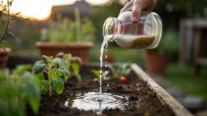 Illustration of diluted rice water being applied to garden soil to improve plant health within days