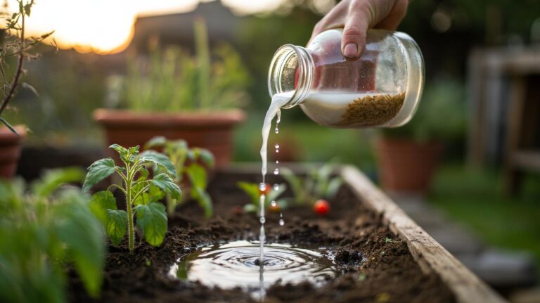 Illustration of diluted rice water being applied to garden soil to improve plant health within days