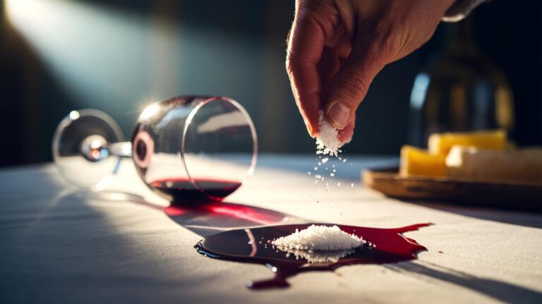 Illustration of table salt being sprinkled over a fresh red wine spill on a white tablecloth