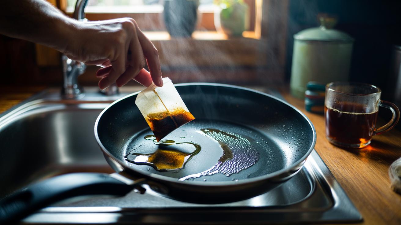 Illustration of a used tea bag scrubbing grease from a non-stick pan without scratching