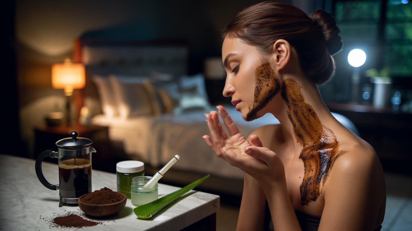 Illustration of used coffee grounds being applied to the neck to help smooth dark creases overnight