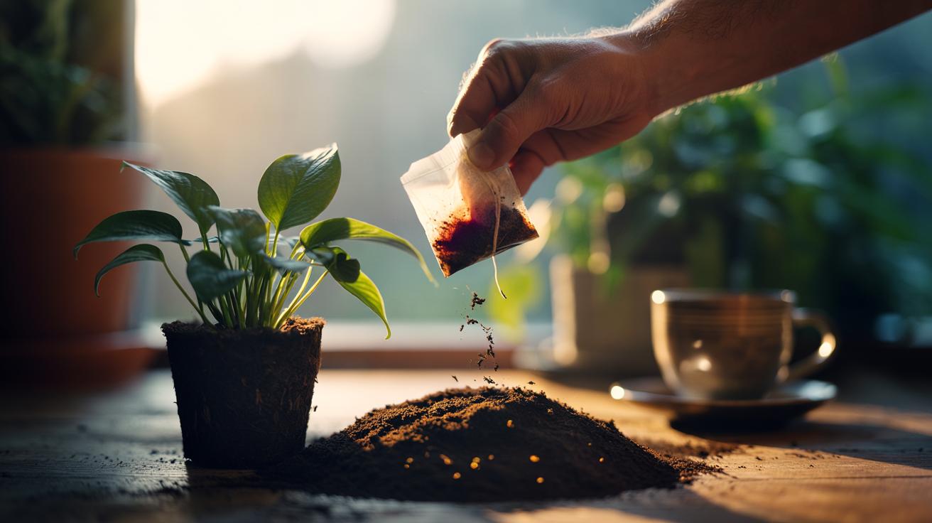 Illustration of a used tea bag being opened and its leaves sprinkled into a potted houseplant’s soil to enrich it with microbe-infused tannins overnight