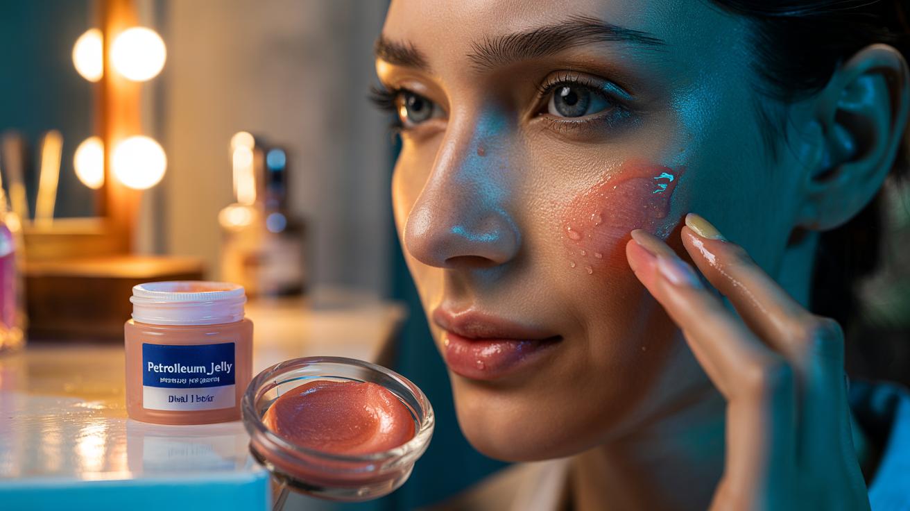 Illustration of applying Vaseline mixed with blush to the cheeks for a 24-hour stain