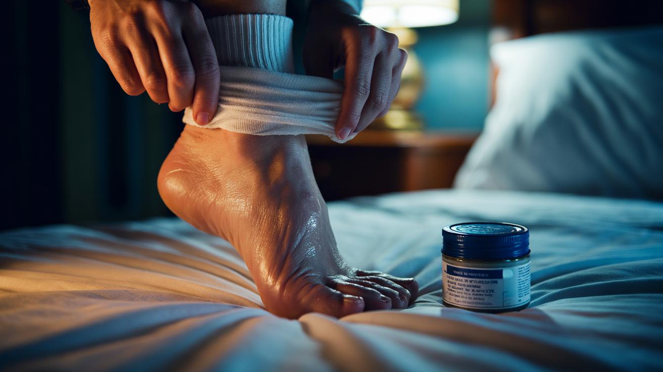 Illustration of applying petroleum jelly to cracked heels and covering the feet with cotton socks overnight to boost occlusion and healing