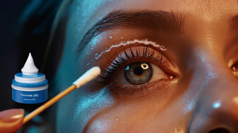Illustration of applying a thin layer of Vaseline along the lash line with a cotton bud to create a water-repellent barrier and stop mascara smudging