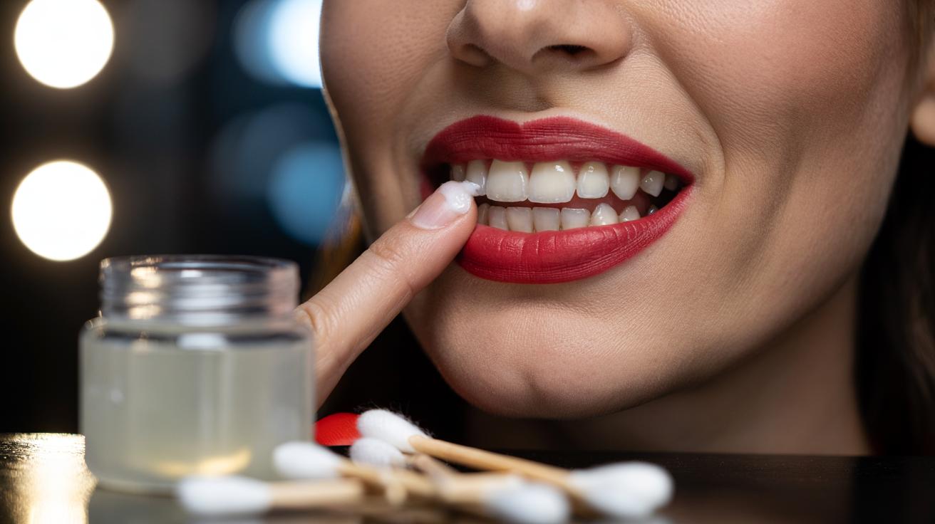 Illustration of a model applying a thin film of Vaseline to the front teeth with a clean fingertip to create a barrier that stops lipstick transfer and feathering