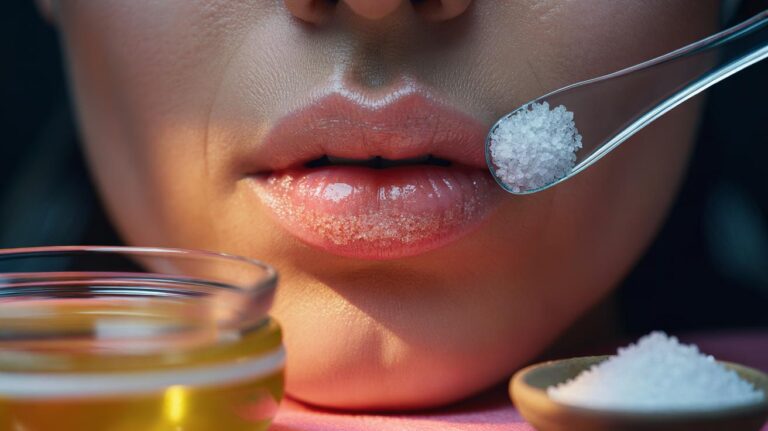 Illustration of a person applying a Vaseline and fine salt scrub to the lips for an instant plumping effect