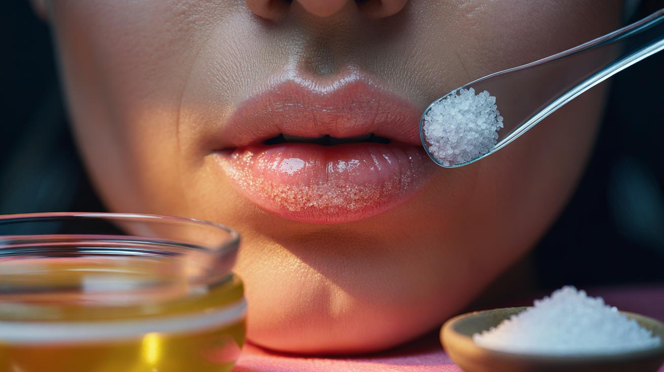 Illustration of a person applying a Vaseline and fine salt scrub to the lips for an instant plumping effect