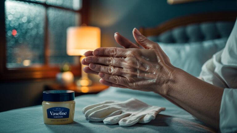 Illustration of hands applying a thin layer of Vaseline (petroleum jelly) to the backs of the hands before sleep to create an occlusive barrier