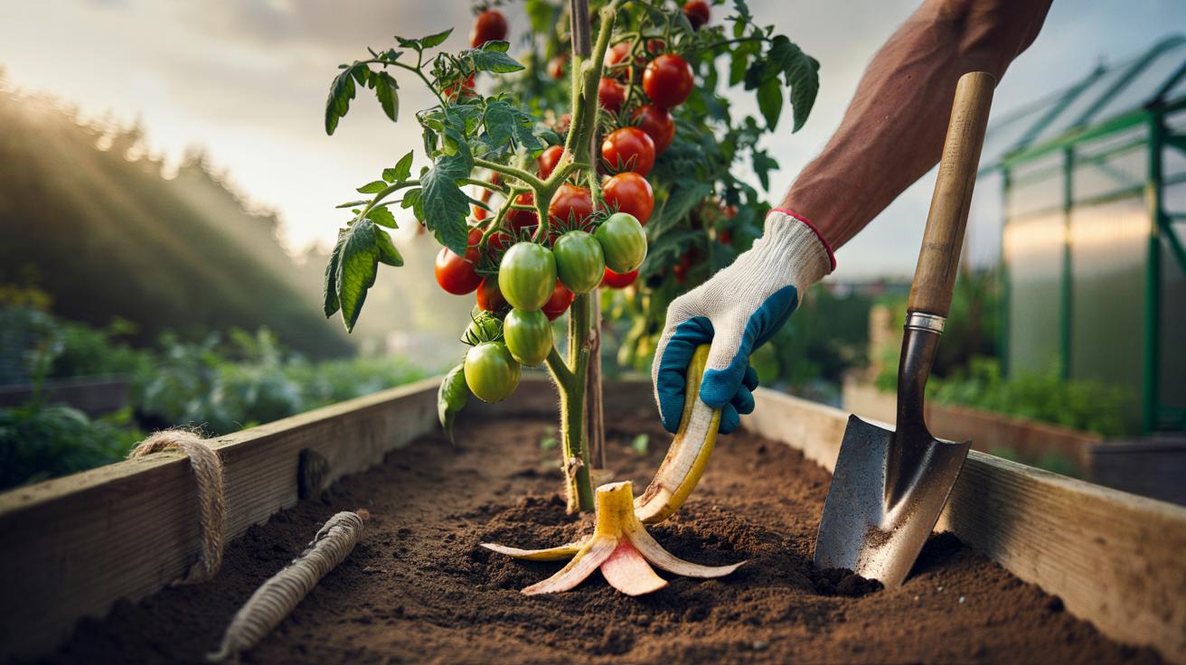 Illustration of banana peels being buried in garden soil beside tomato plants to boost yields