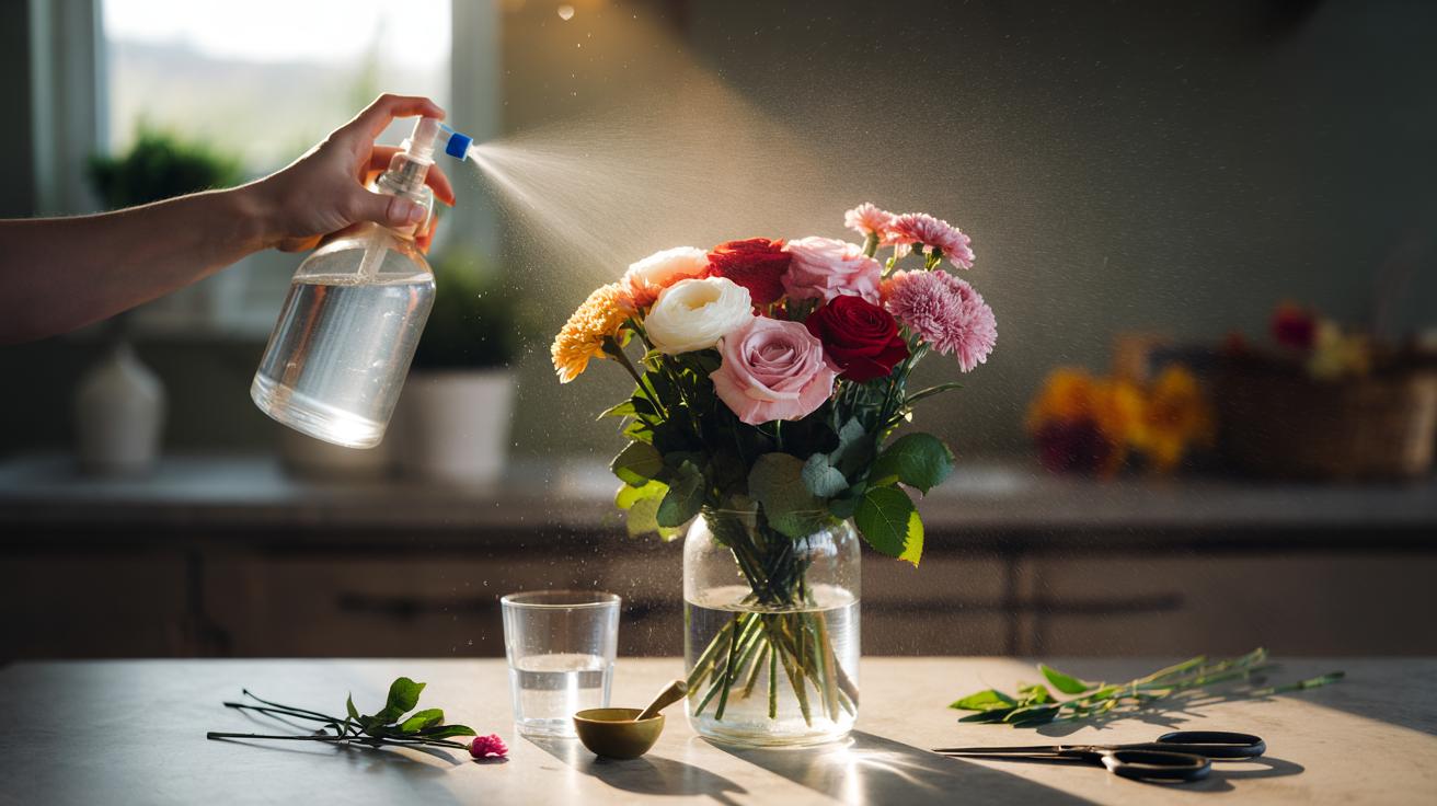 Illustration of a hand using a spray bottle to mist diluted white vinegar over cut flowers to revive wilted petals
