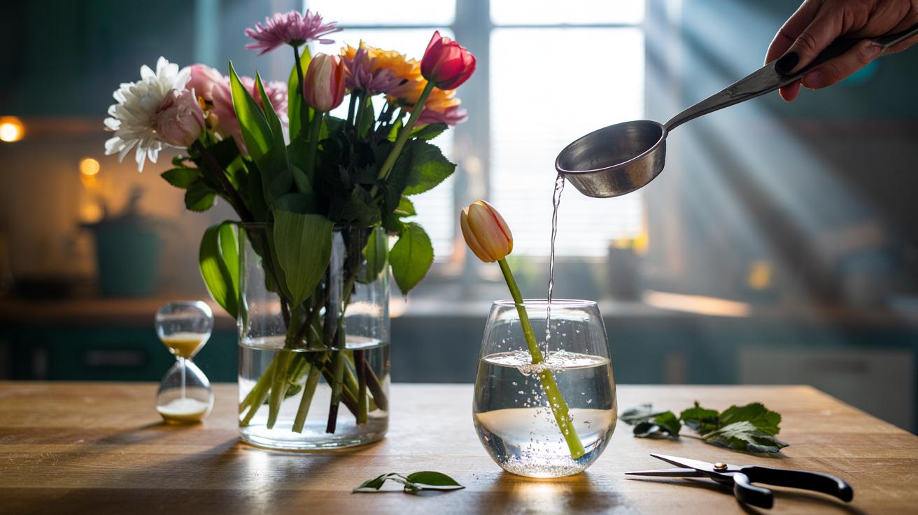 Illustration of using white vinegar to revive wilted cut flowers in a vase in 30 minutes