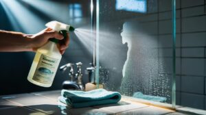 Illustration of white vinegar (acetic acid) being misted onto cloudy shower glass to dissolve limescale and mineral film, with a microfibre cloth ready to wipe