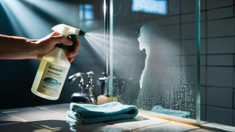 Illustration of white vinegar (acetic acid) being misted onto cloudy shower glass to dissolve limescale and mineral film, with a microfibre cloth ready to wipe