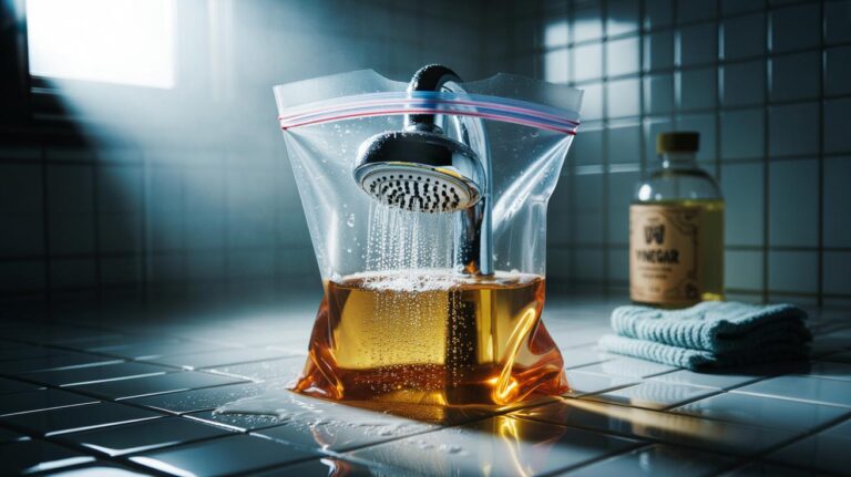 Illustration of a showerhead submerged in a vinegar-filled plastic bag, secured with an elastic band, dissolving limescale overnight