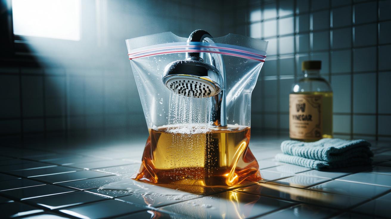 Illustration of a showerhead submerged in a vinegar-filled plastic bag, secured with an elastic band, dissolving limescale overnight