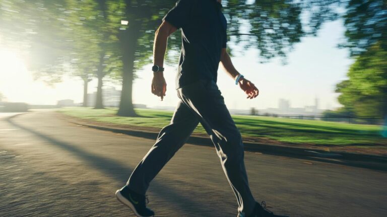 Illustration of a person walking briskly with upright posture and strong arm swing on a park path, demonstrating purposeful walking for weight loss