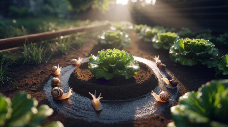 Illustration of coffee grounds scattered in a ring around garden plants to create a natural barrier against snails