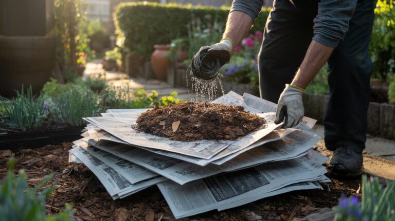Illustration of layered newspaper mulch on a garden bed topped with organic mulch to stop weed growth