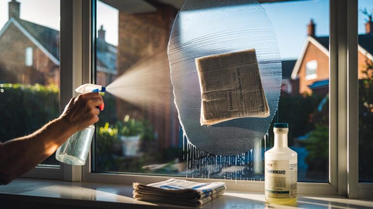 Illustration of washing windows streak-free with newspaper for crystal-clear glass in 10 minutes