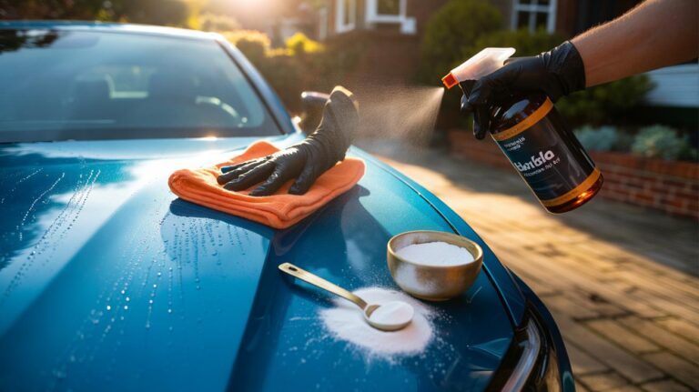 Illustration of washing a car with a baking soda solution using a spray bottle and a microfibre cloth for a quick two-minute clean