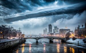 Illustration of UK Winter 2026 weather forecast trends, showing jet stream shifts, storm and flood risks, and unexpected southern snow