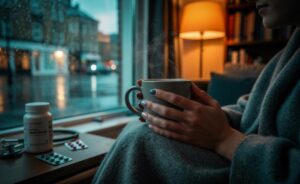 Illustration of a person feeling persistently cold, with cold hands and visible breath, suggesting possible causes such as hypothyroidism, iron‑deficiency anaemia, and Raynaud’s