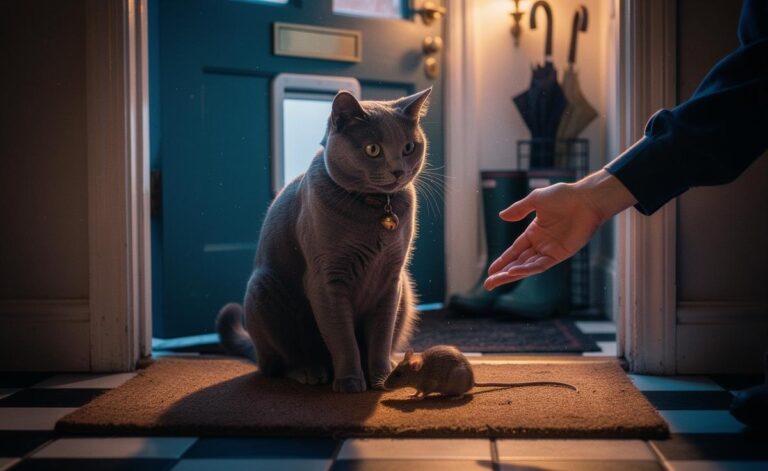 Illustration of a domestic cat proudly presenting a captured mouse on a doormat to its owner