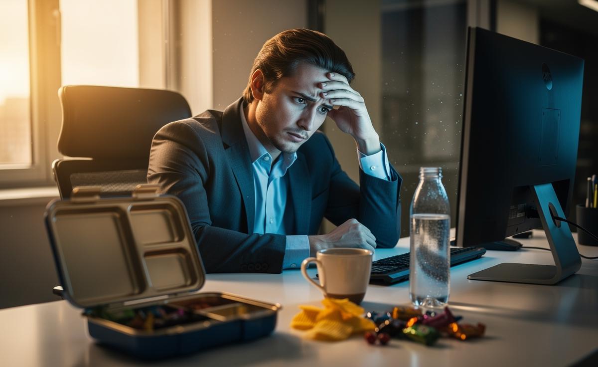 Illustration of the unexpected downsides of skipping lunch, including afternoon energy crashes, brain fog, irritability, and cravings