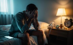 Illustration of a person experiencing persistent tiredness, exploring potential health causes such as sleep debt, anaemia, thyroid issues, and stress