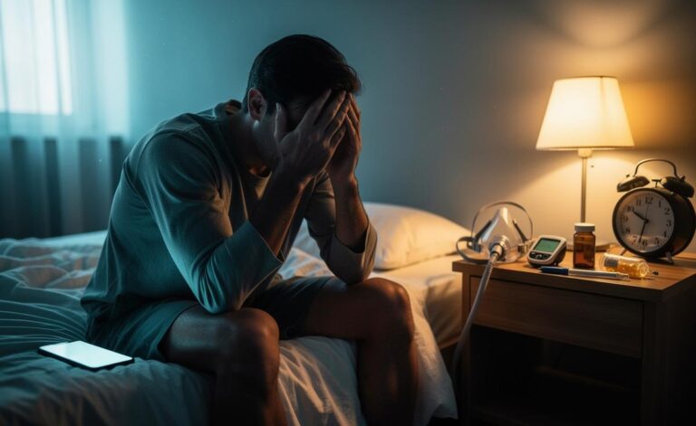 Illustration of a person experiencing persistent tiredness, exploring potential health causes such as sleep debt, anaemia, thyroid issues, and stress