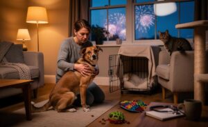 Illustration of a concerned owner observing a dog and a cat showing unusual body language at home