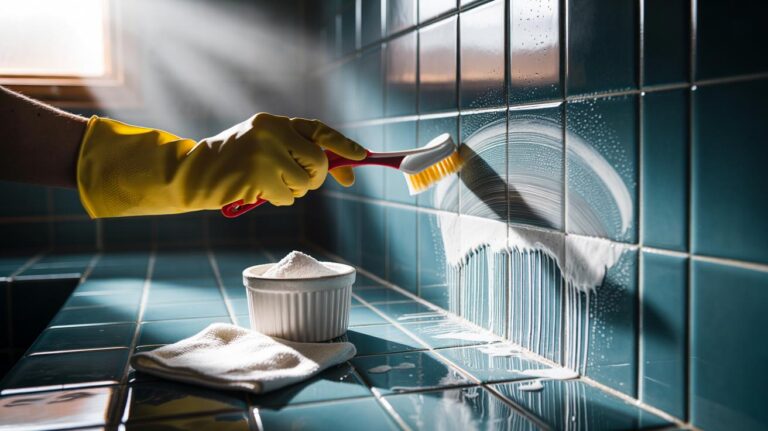 Illustration of applying a baking soda paste to tile grout lines and scrubbing to whiten them in 10 minutes