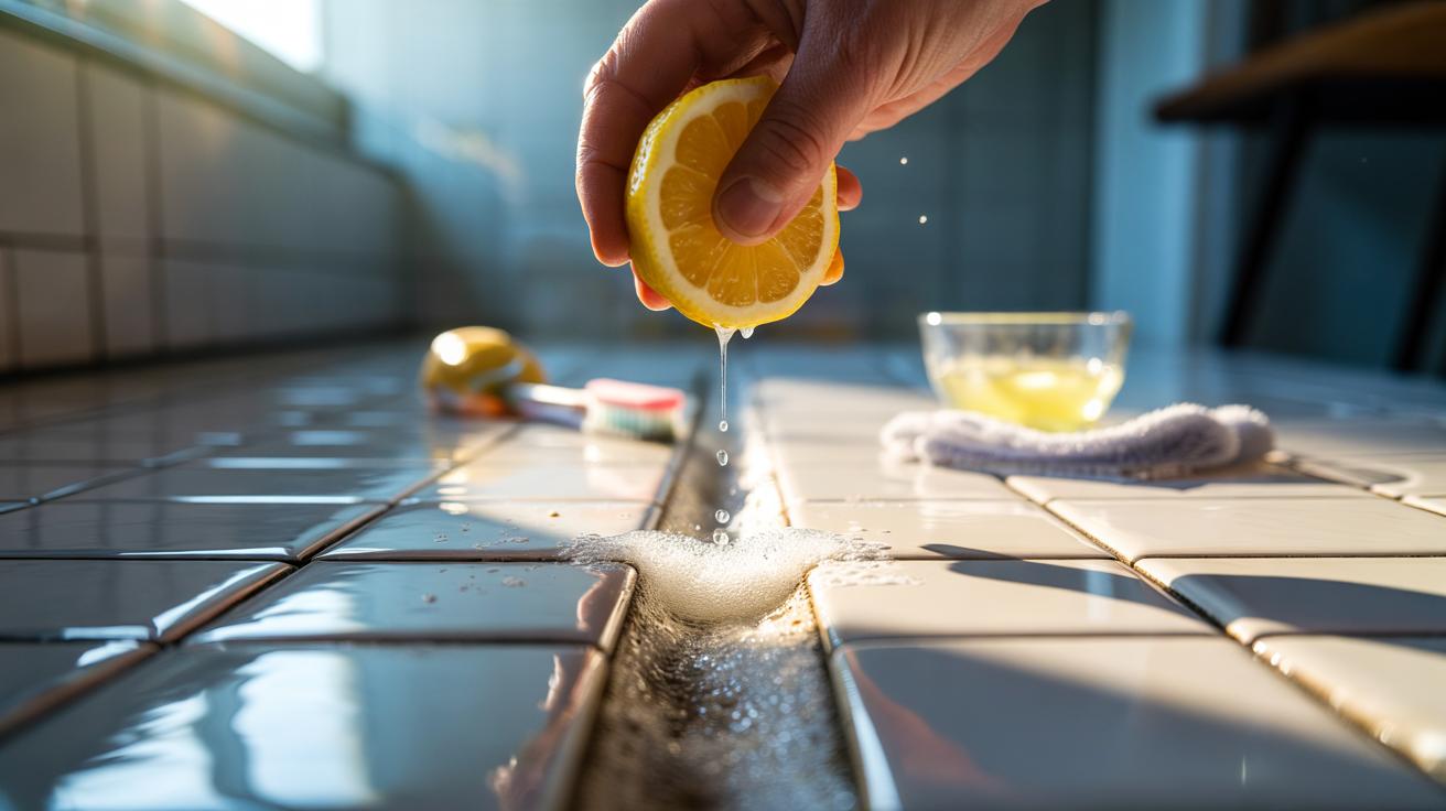 Illustration of whitening grout lines with lemon juice, as citric acid cuts through soap scum and limescale in 60 seconds