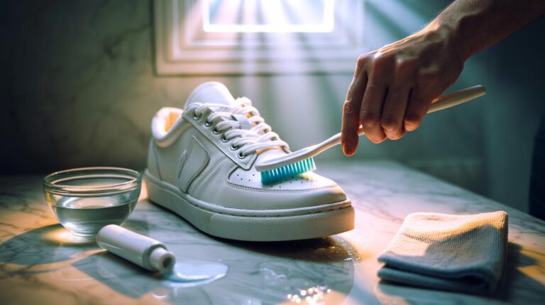 Illustration of whitening white sneakers with toothpaste and a soft toothbrush in five minutes