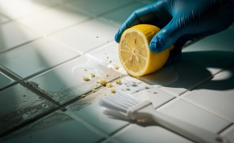 Illustration of cleaning and whitening tile grout with lemon juice as a natural bleaching agent