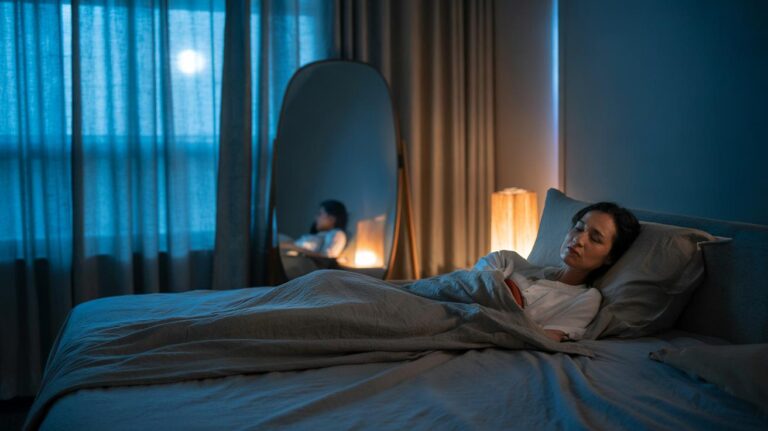 Illustration of a bedroom at night with a mirror covered by a soft curtain to minimise reflections and light, in line with Feng Shui for better sleep