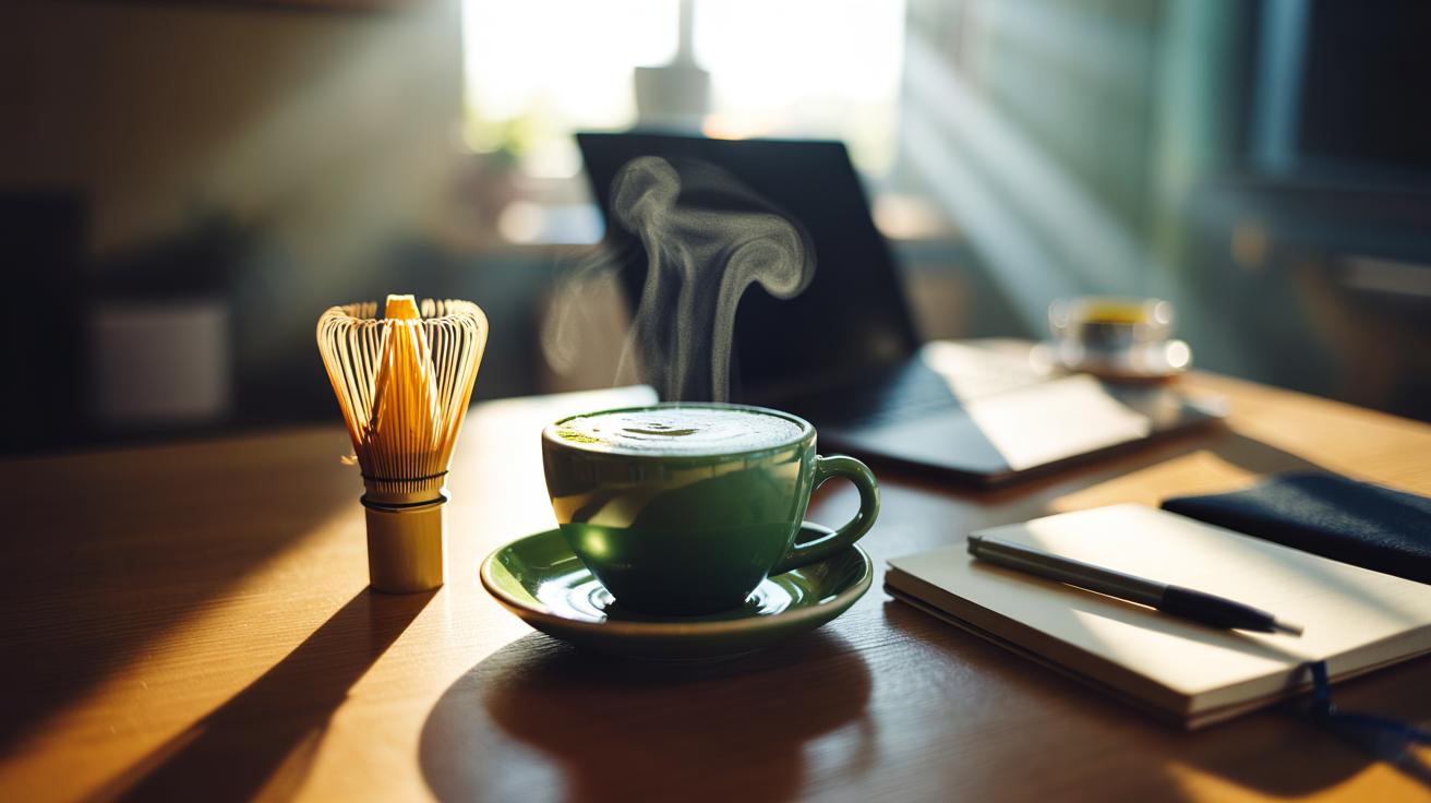 Illustration of a cup of matcha green tea on a desk next to a laptop and notebook, representing a no-coffee alternative for sustained productivity