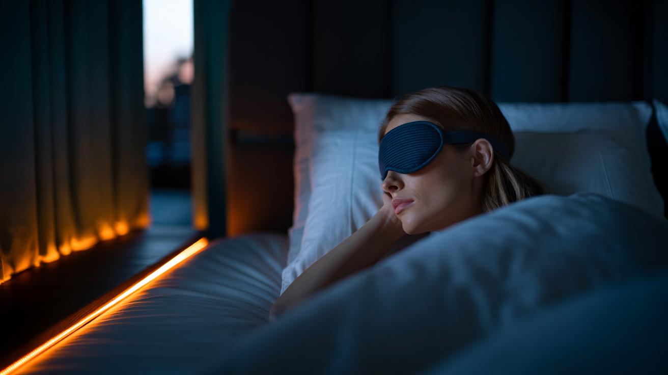 Illustration of a person sleeping in a dark bedroom wearing a contoured blackout eye mask, with a night light turned off
