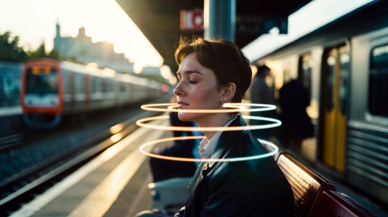 Illustration of a person sitting calmly and listening to the silence between ambient sounds to gain mental clarity